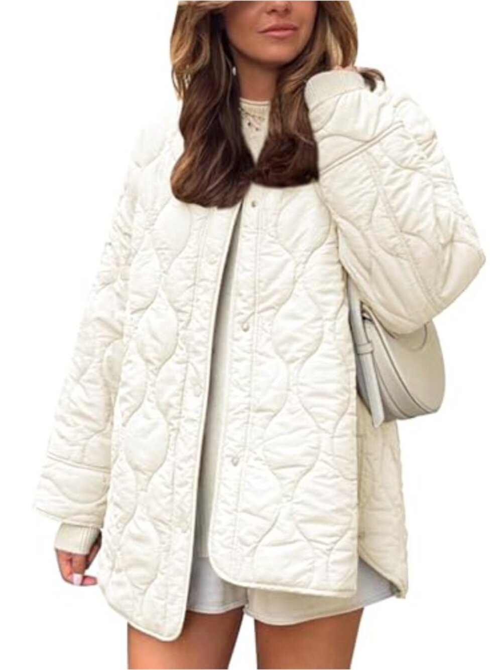 Oversized Quilted Lightweight Puffer Jacket Button Down Snap Pockets